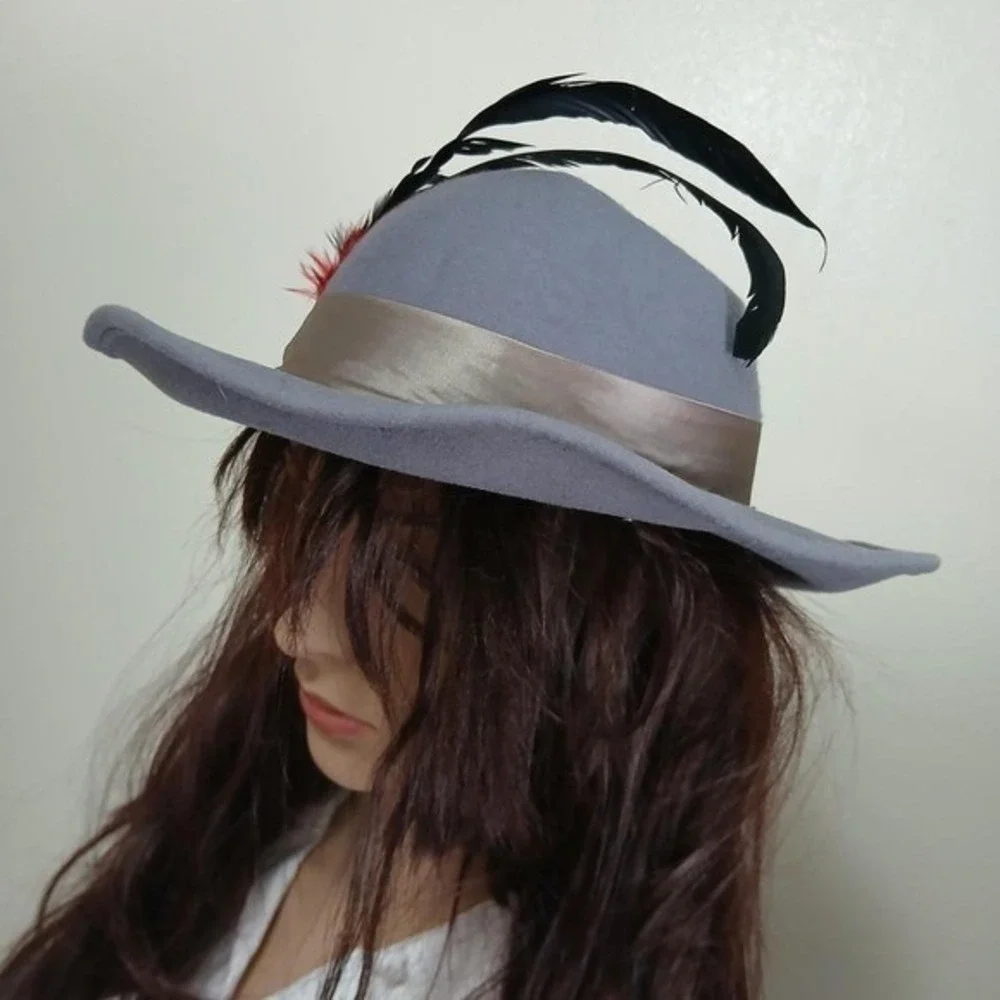 Vintage 70s/80s blue gray wool felt wide brimmed hat with silk & feather accents
